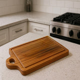 Teak Square Cutting Board with Juice Grooves and Built-In Handle
