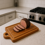Teak Square Cutting Board with Juice Grooves and Built-In Handle