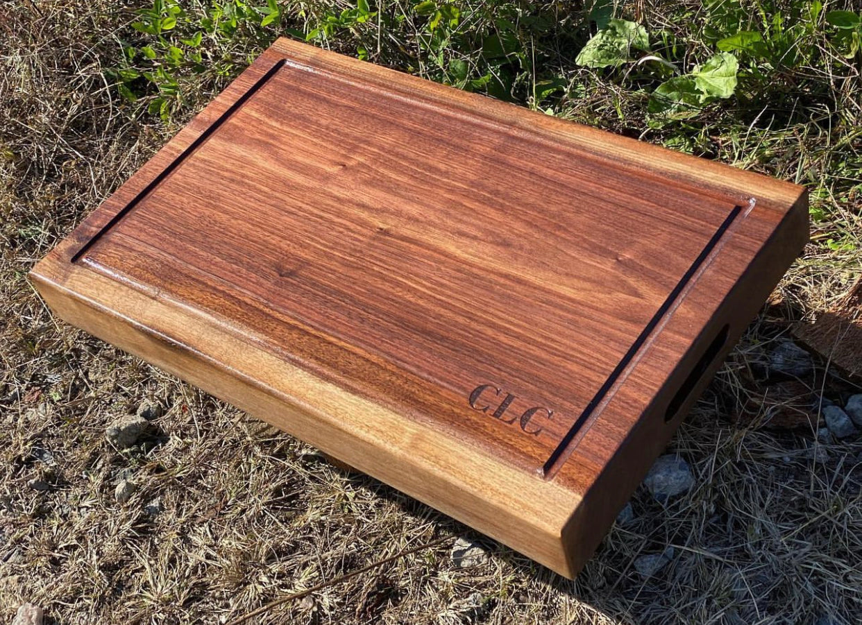Black Walnut Square Cutting Board with Juice Grooves and Built-In Handle