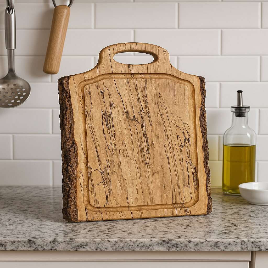 Spalted Maple Square Cutting Board with Juice Grooves and Built-In Handle