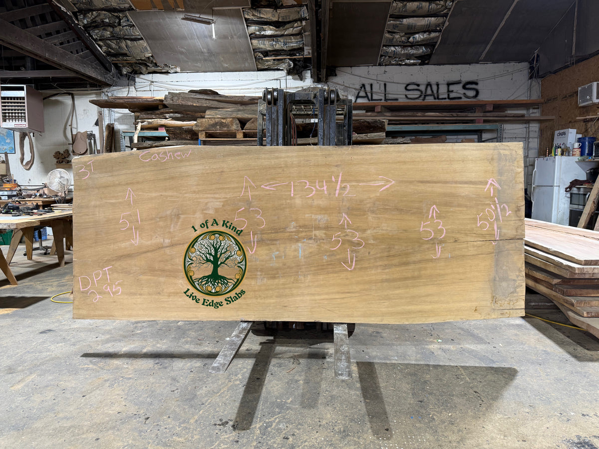 Live Edge Cashew Slab 134”L x 52”W x 3”T   DPT 295