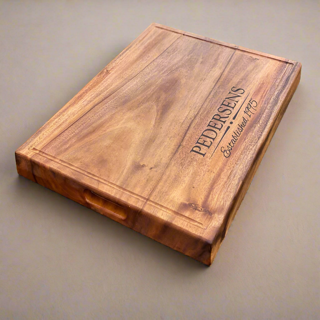 Acacia Square Cutting Board with Juice Grooves and Built-In Handle