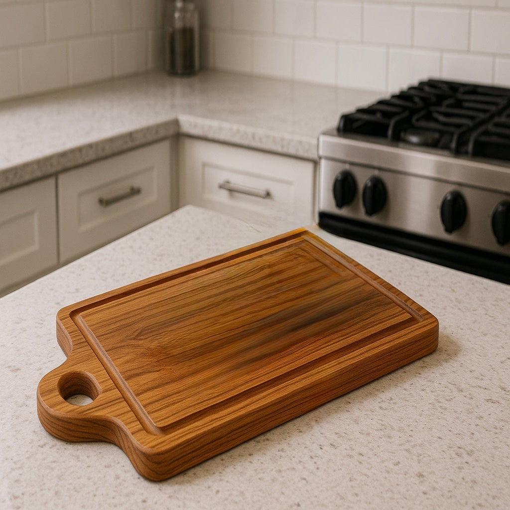 Teak Square Cutting Board with Juice Grooves and Built-In Handle